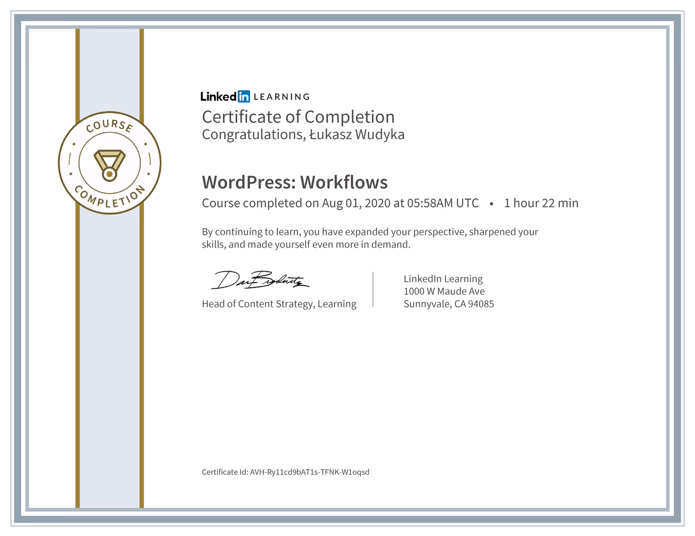 Certyfikat Wordpress Łukasz Wudyka