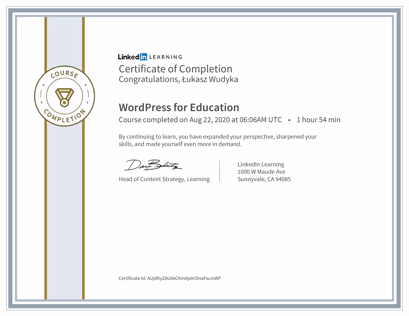 Certyfikat Wordpress Łukasz Wudyka