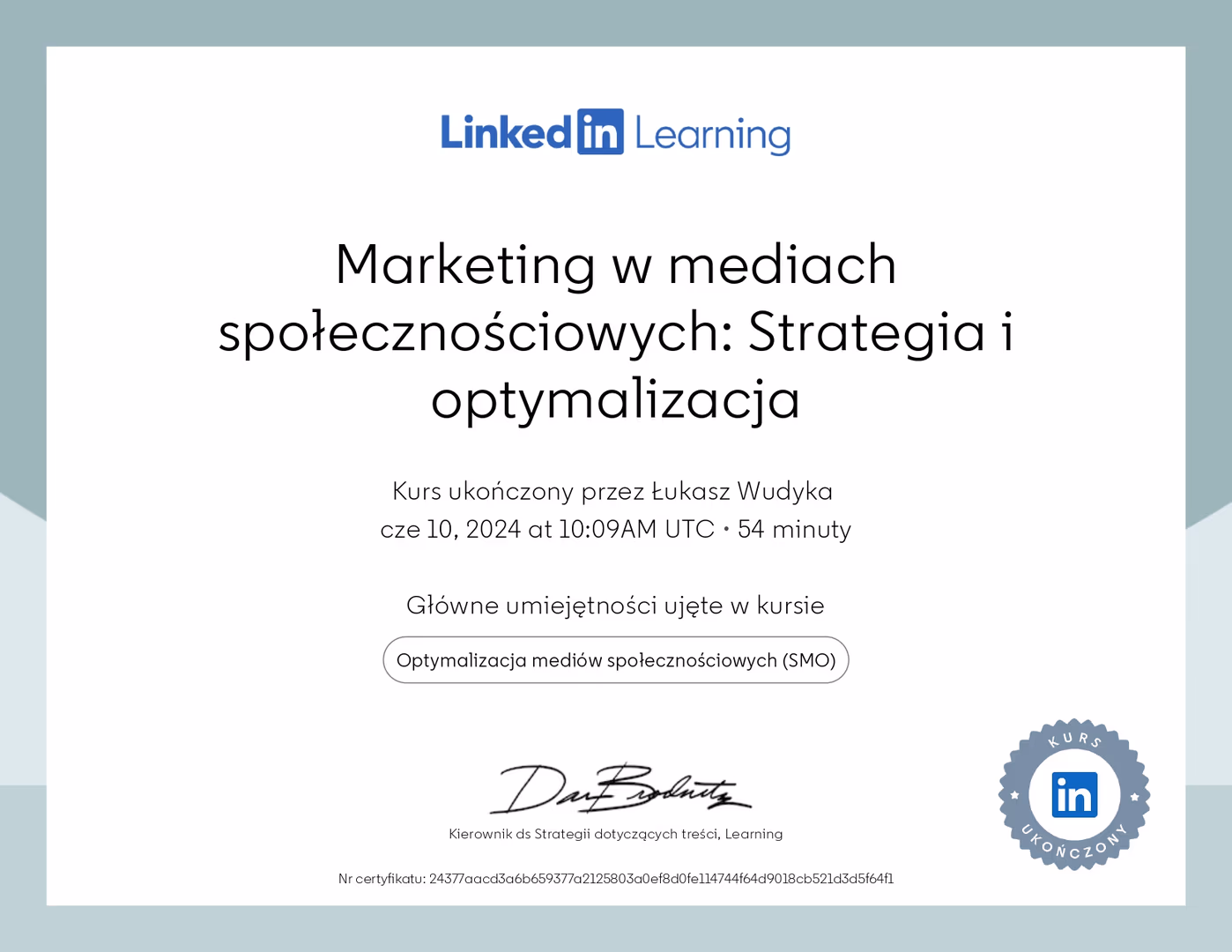 Certyfikat Marketing Łukasz Wudyka