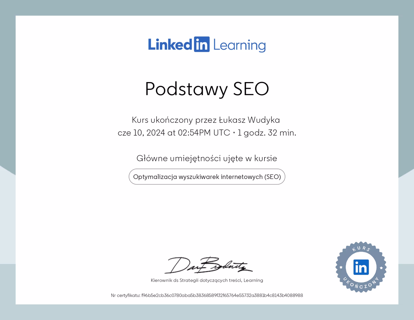 Certyfikat SEO Łukasz Wudyka