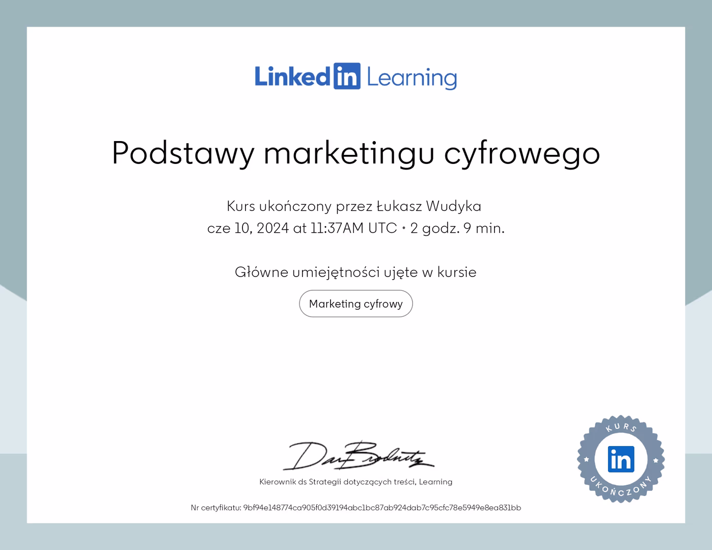 Certyfikat Marketing Łukasz Wudyka
