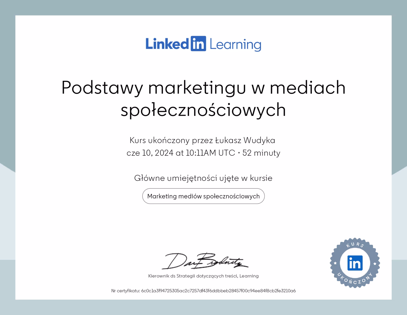 Certyfikat Marketing Łukasz Wudyka