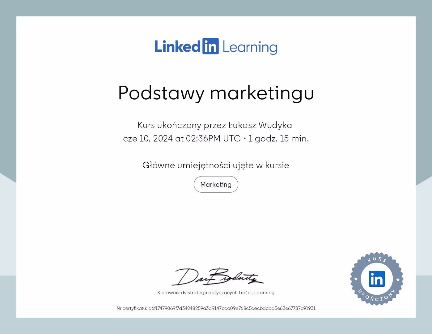 Certyfikat Marketing Łukasz Wudyka