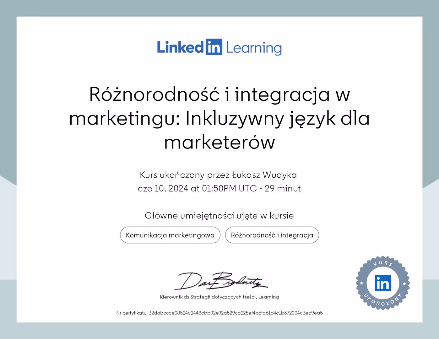 Certyfikat Marketing Łukasz Wudyka