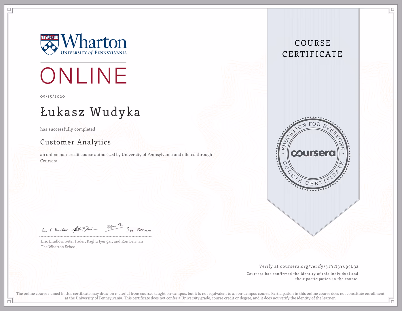 Certyfikat University of Pennsylvania Łukasz Wudyka