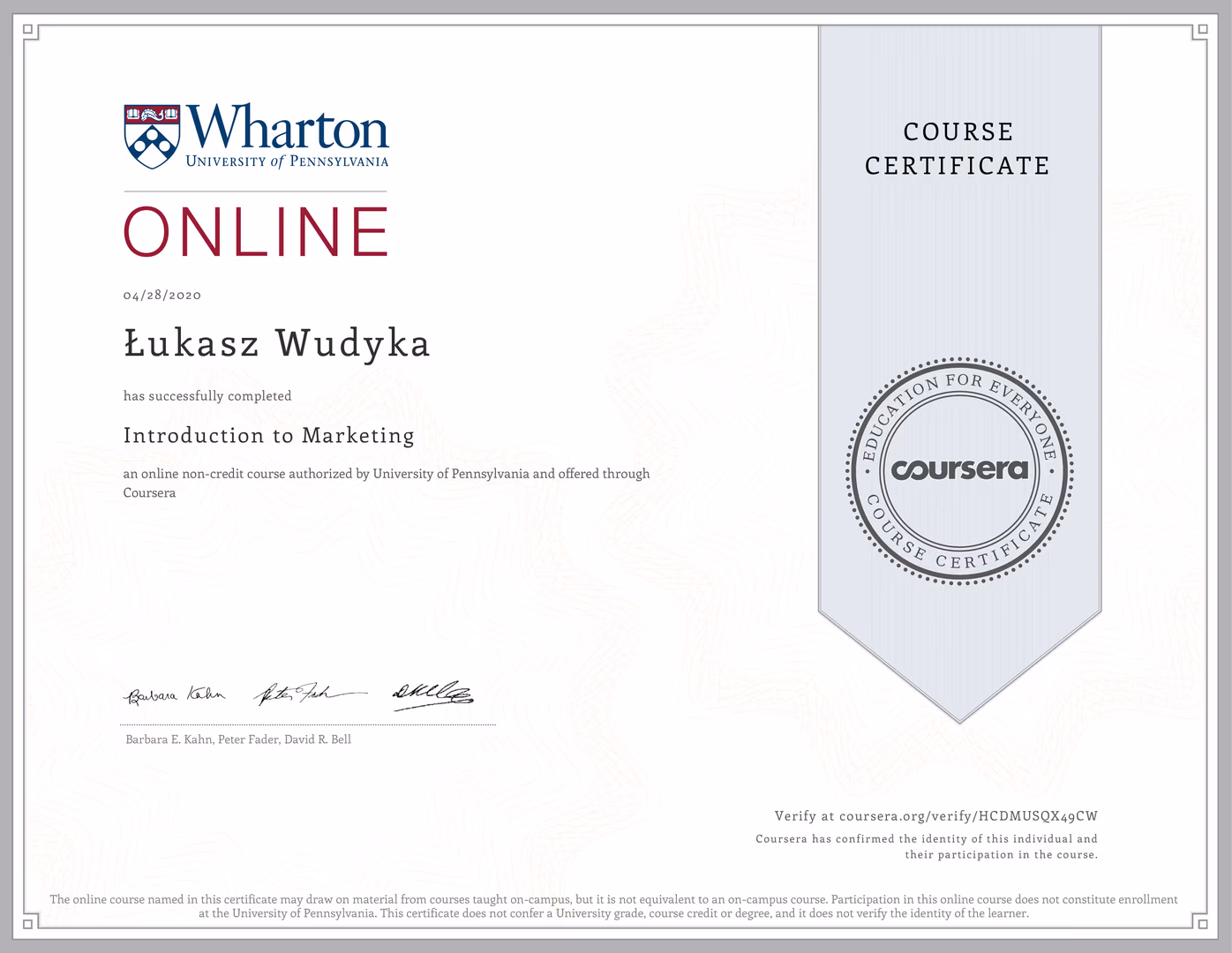 Certyfikat University of Pennsylvania Łukasz Wudyka