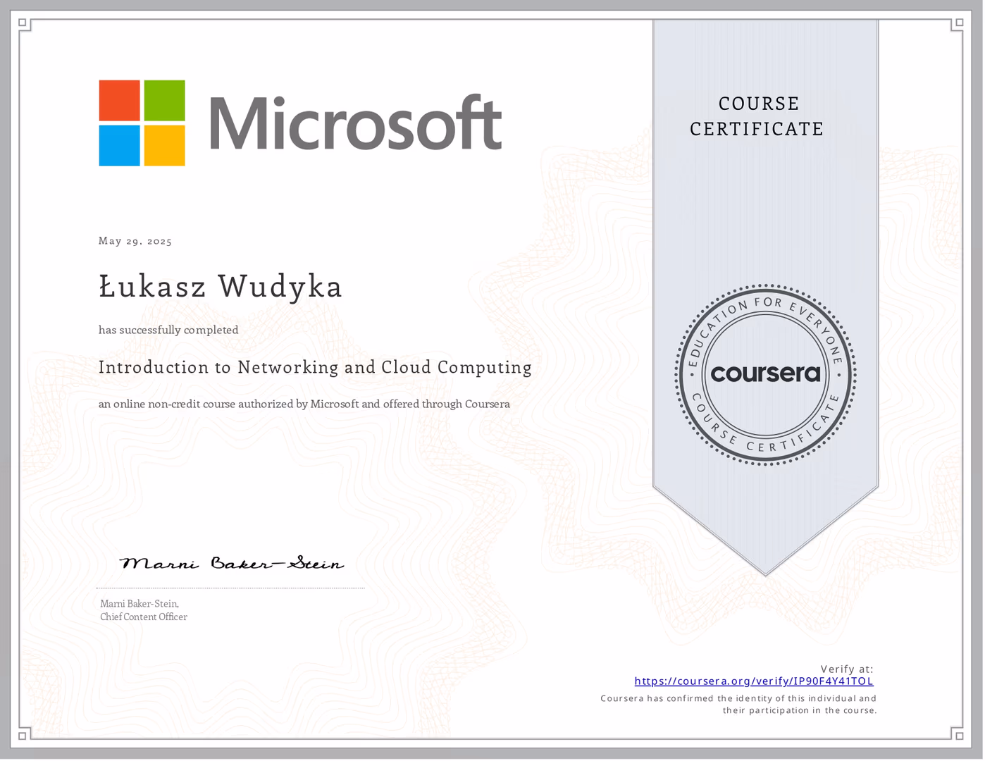 Certyfikat Microsoft Łukasz Wudyka