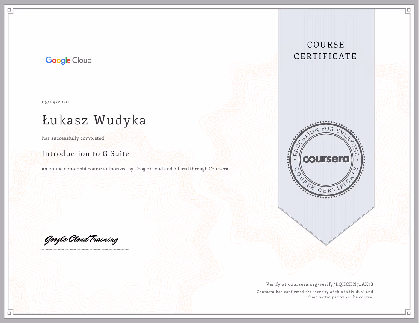 Certyfikat Google Cloud Łukasz Wudyka