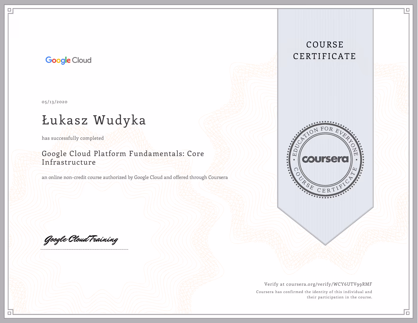Certyfikat Google Cloud Łukasz Wudyka