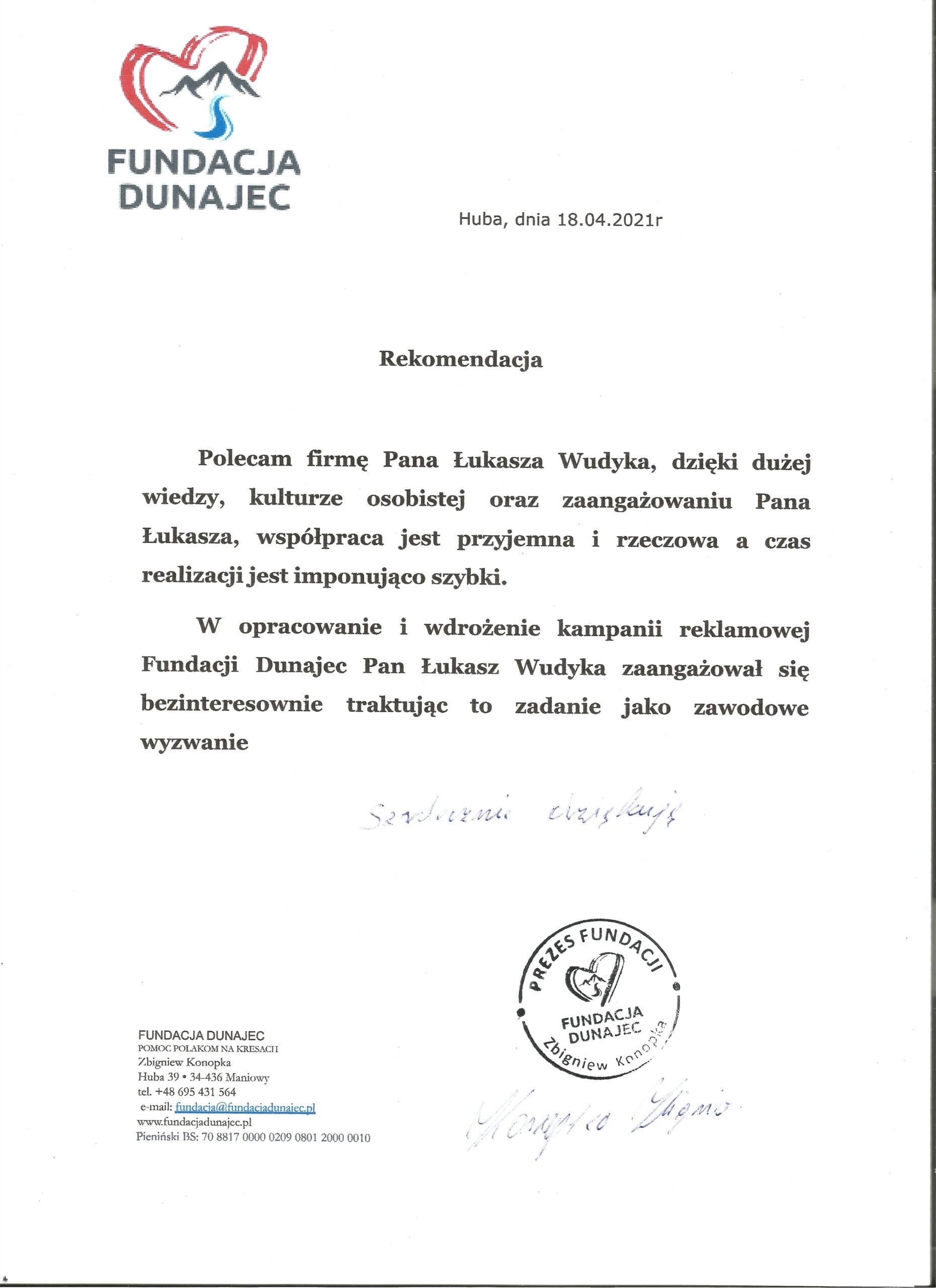 Referencja od Fundacja Dunajec dla Pana Łukasza Wudyka