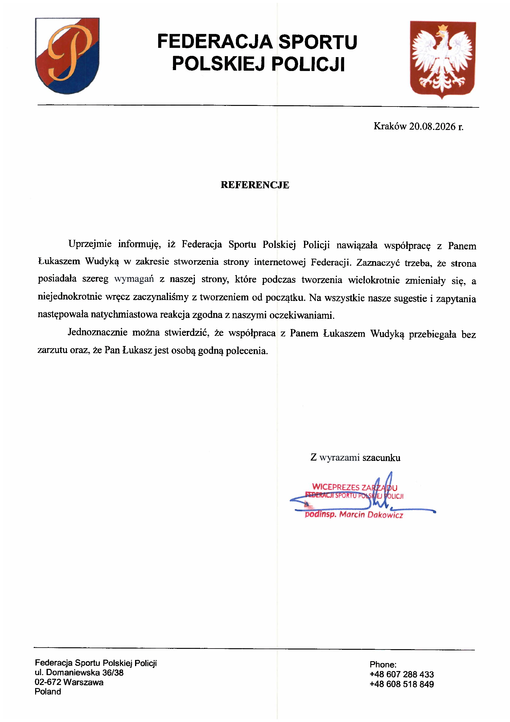 Łukasz Wudyka referencje od Naczelnika Krakowskiej Policji
