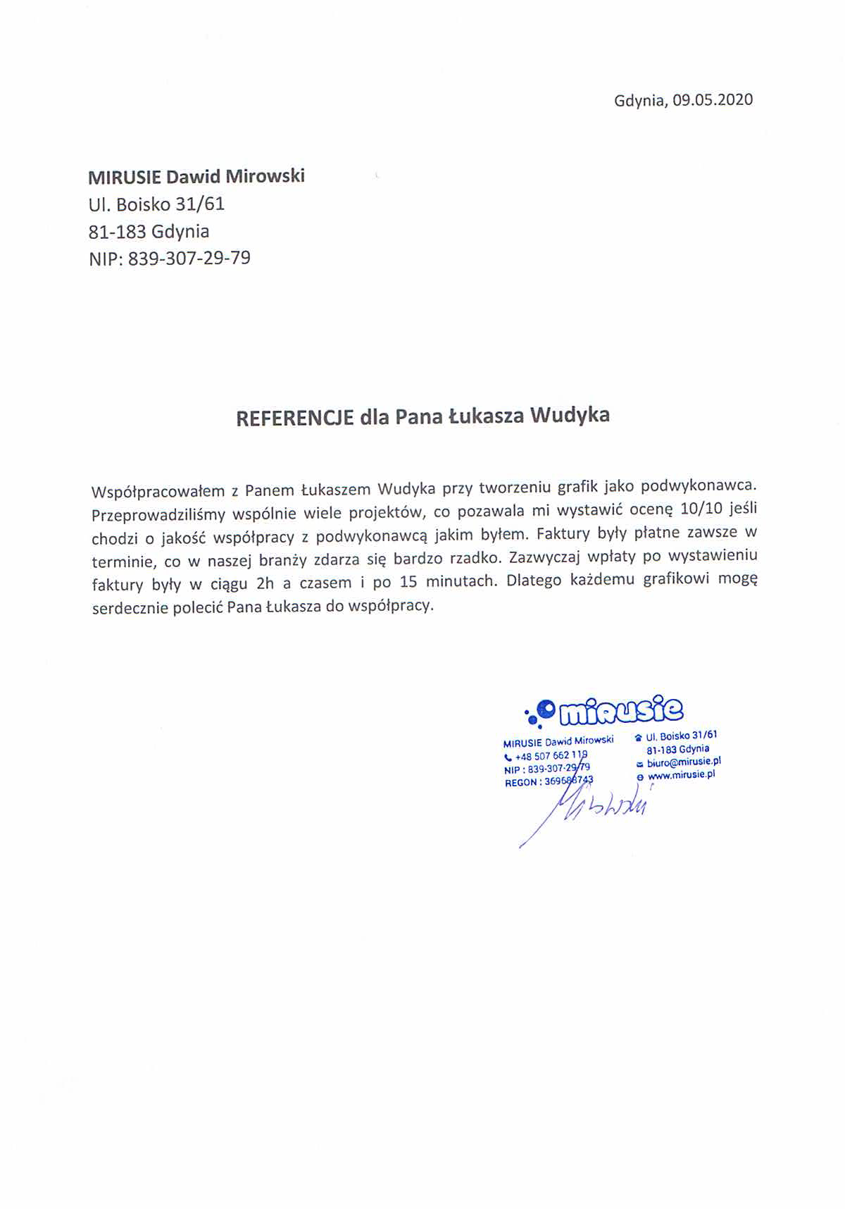 Referencje dla Pana Łukasza Wudyka