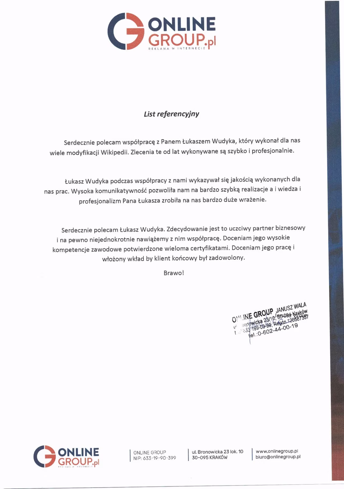 List referencyjny Łukasz Wudyka