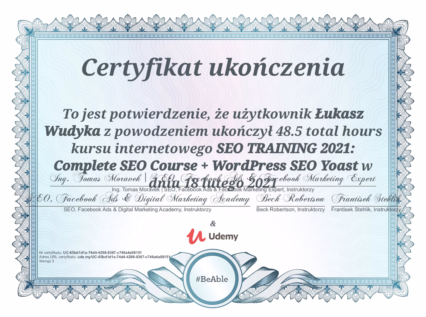 Certyfikat SEO Training Wordpress Łukasz Wudyka