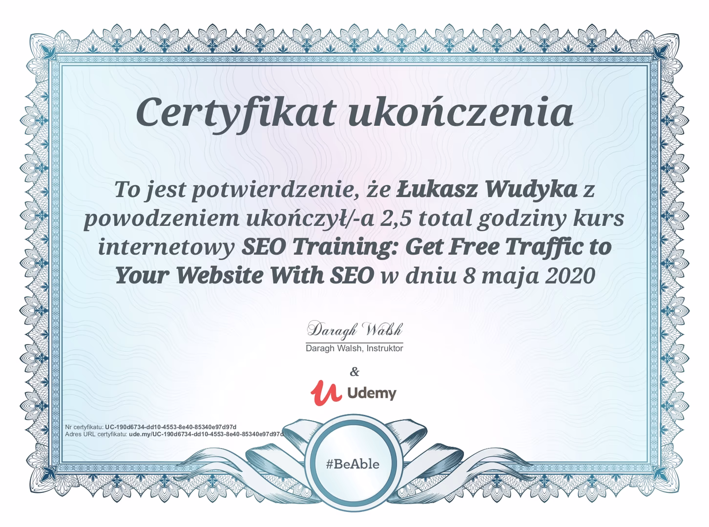Certyfikat SEO Łukasz Wudyka