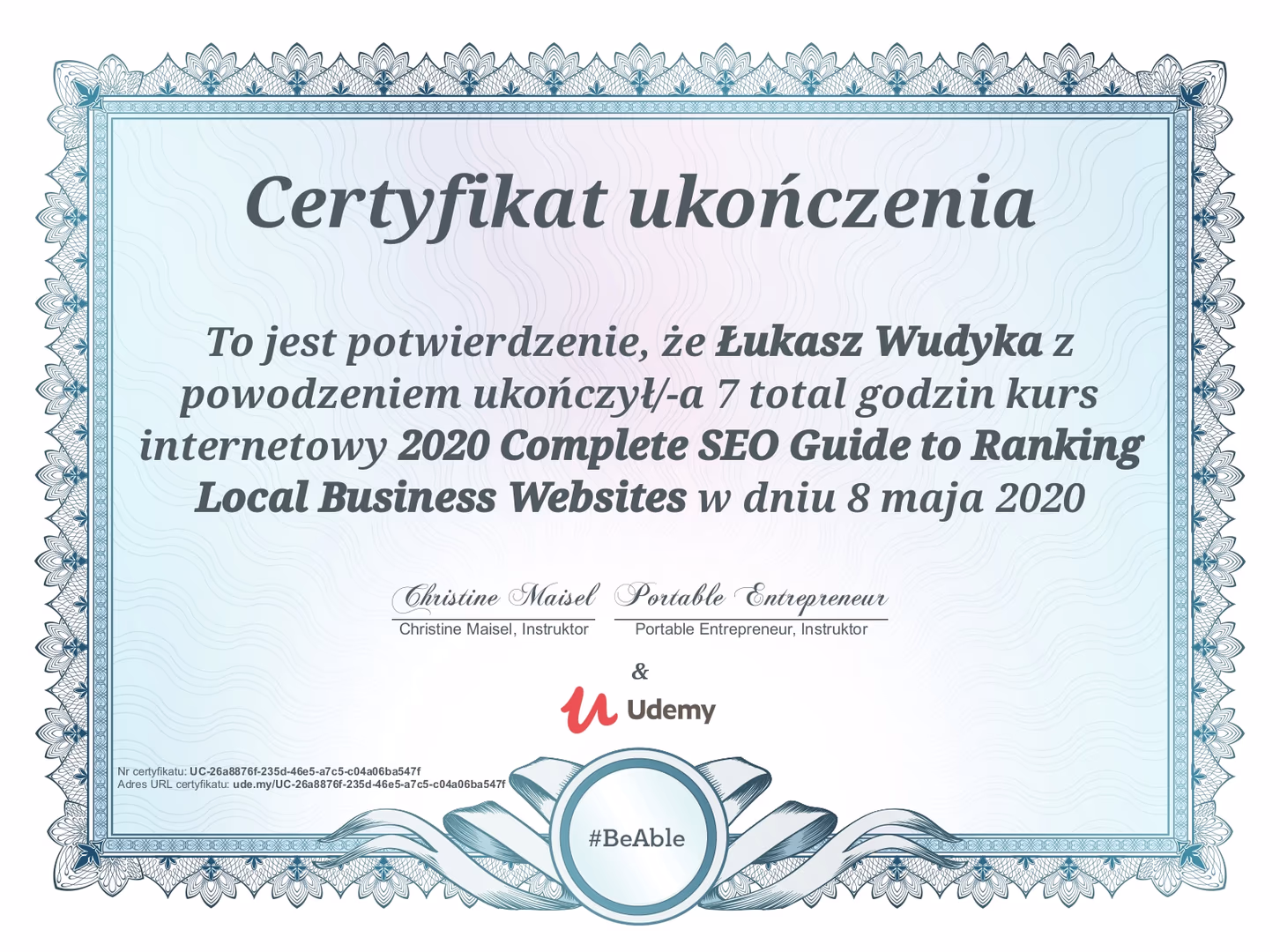 Certyfikat SEO Łukasz Wudyka