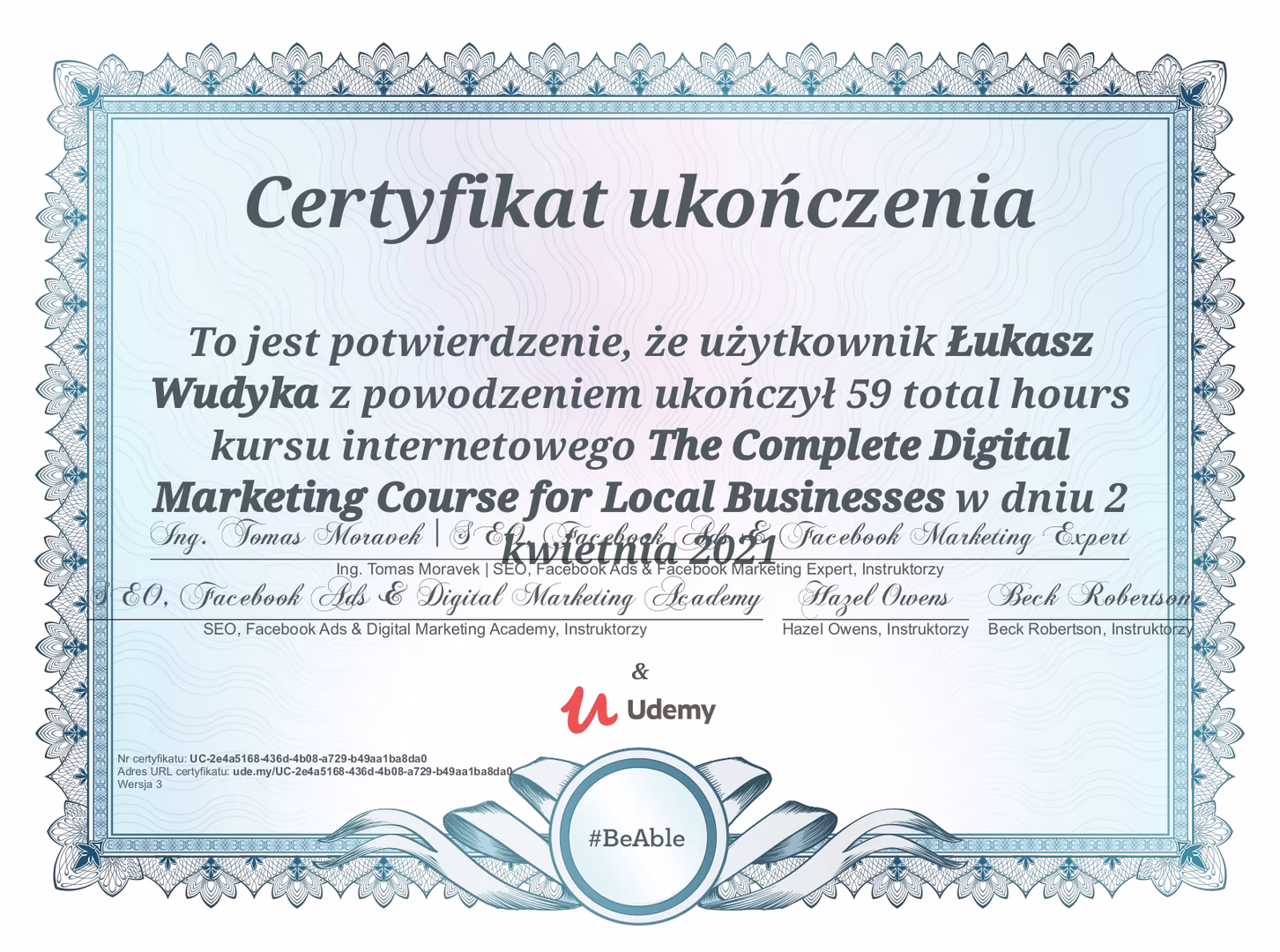 Certyfikat SEO Łukasz Wudyka