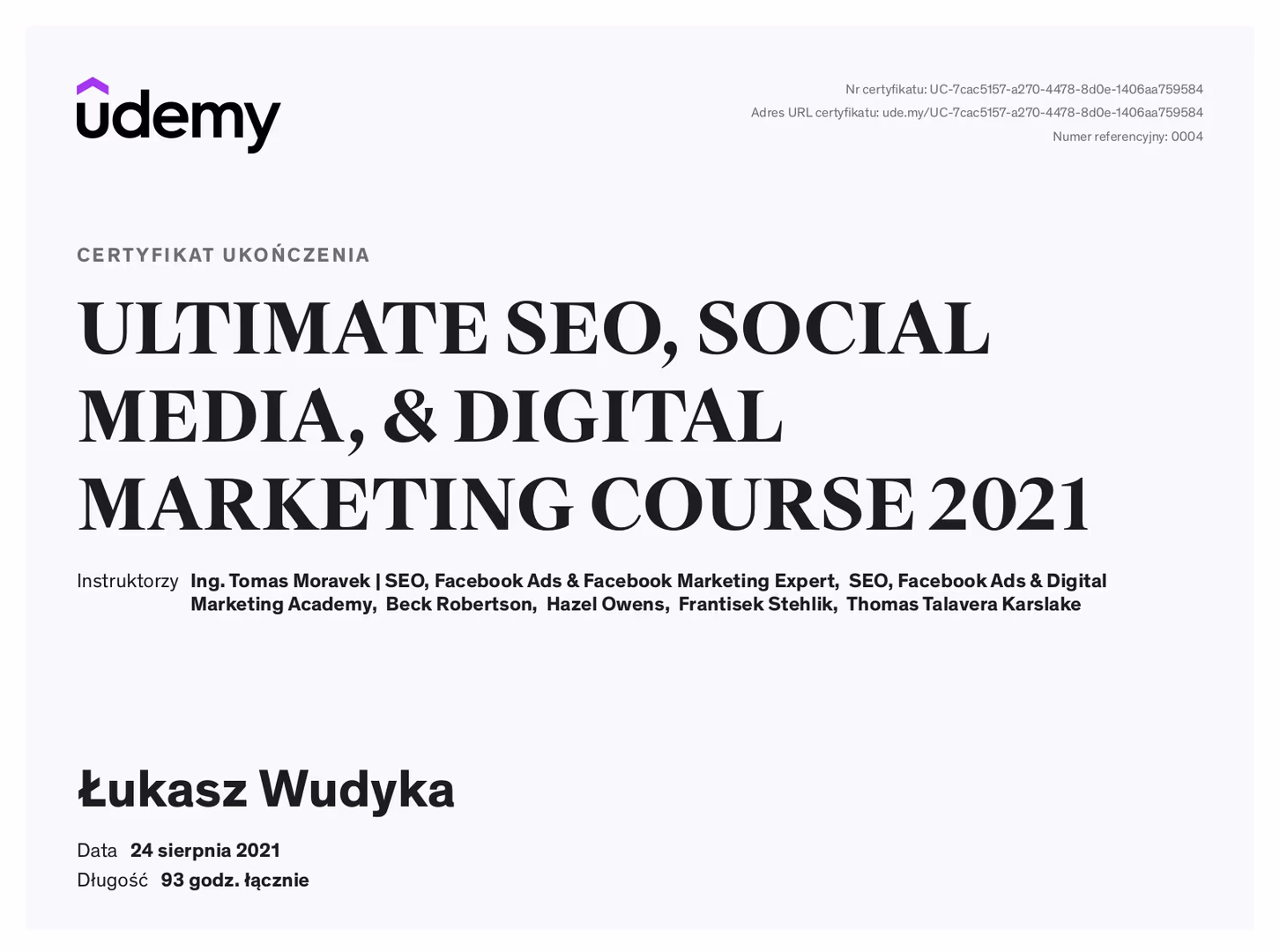 Certyfikat SEO Łukasz Wudyka