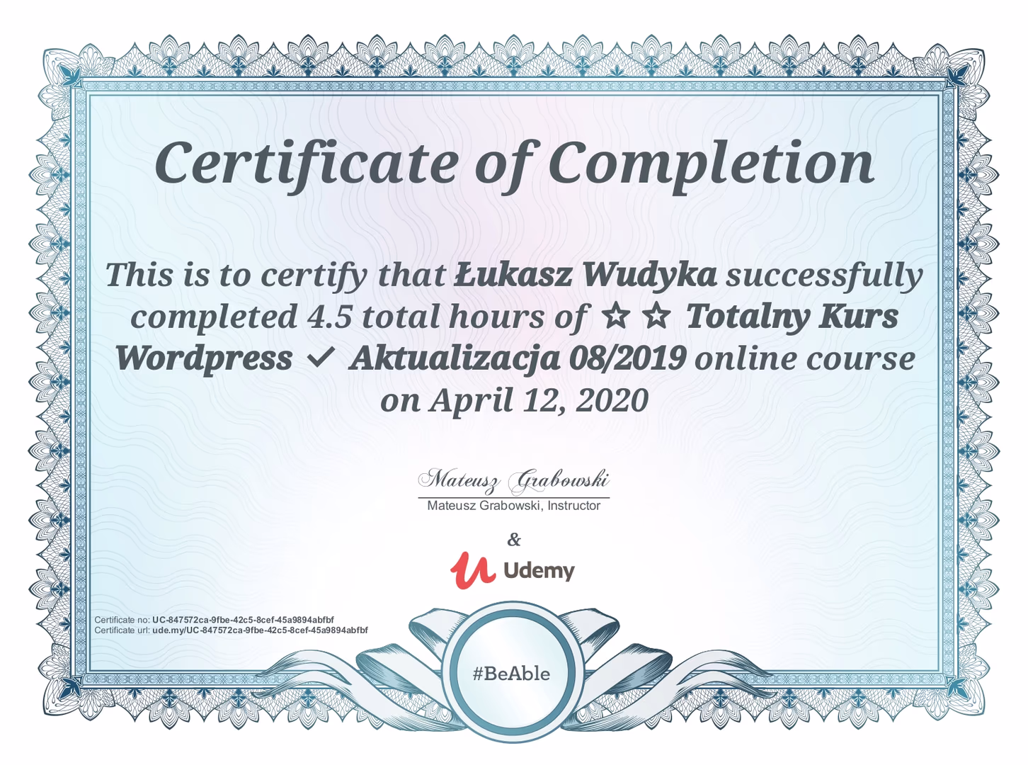 Certyfikat Totalny Kurs Wordpress Łukasz Wudyka