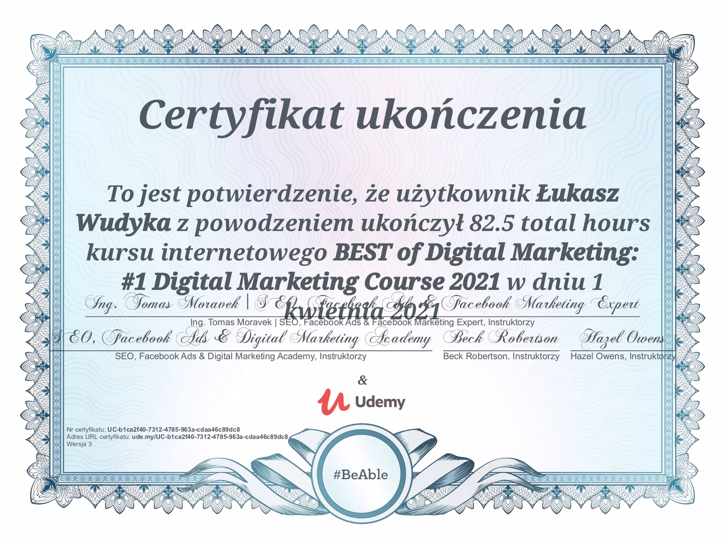 Certyfikat Marketing Łukasz Wudyka