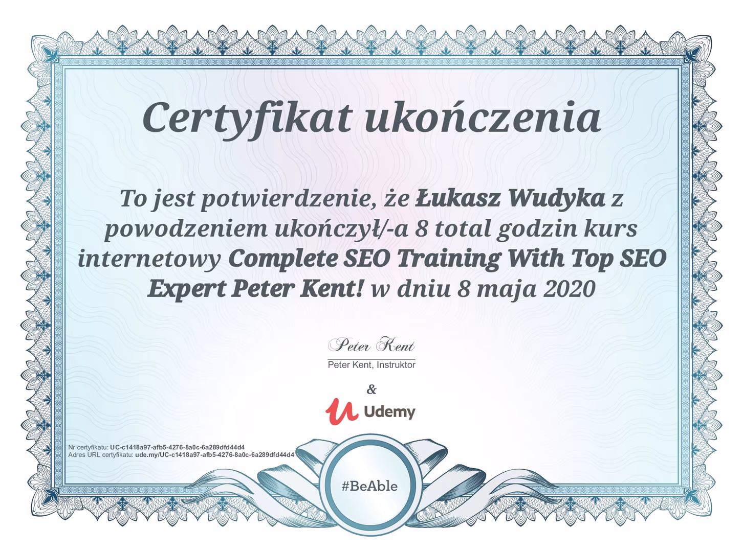 Certyfikat SEO Łukasz Wudyka