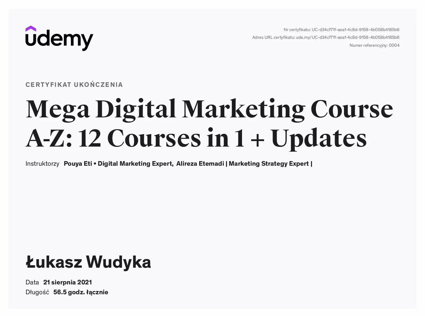 Certyfikat Marketing Łukasz Wudyka