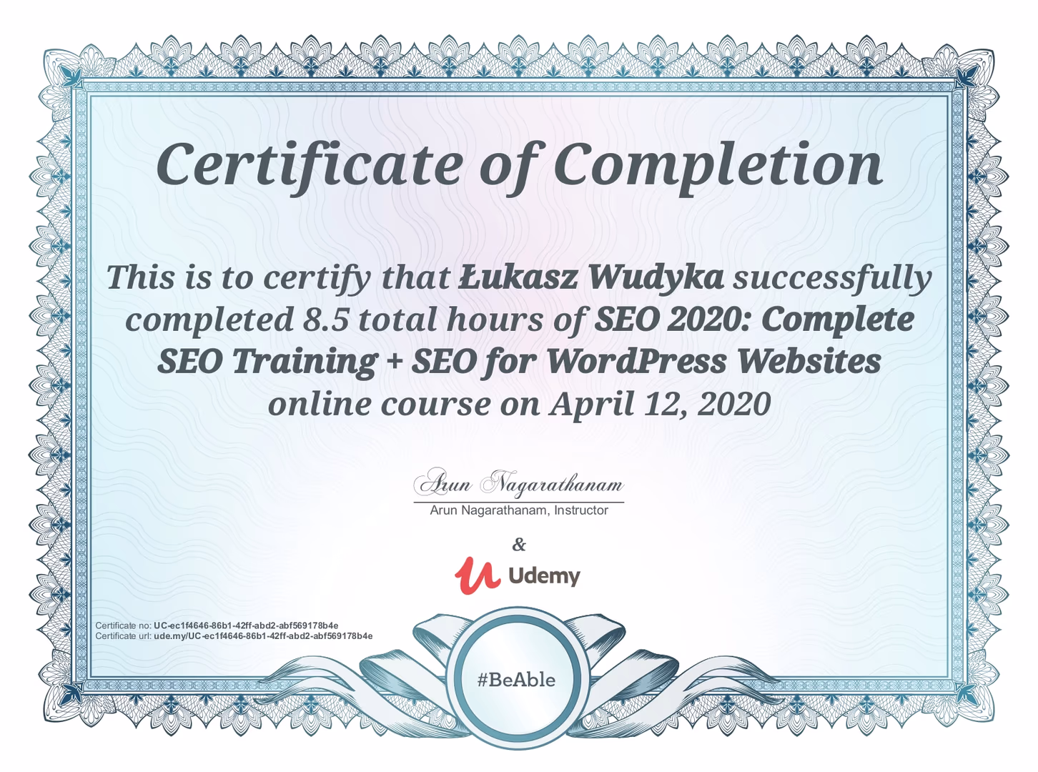 Certyfikat SEO Łukasz Wudyka