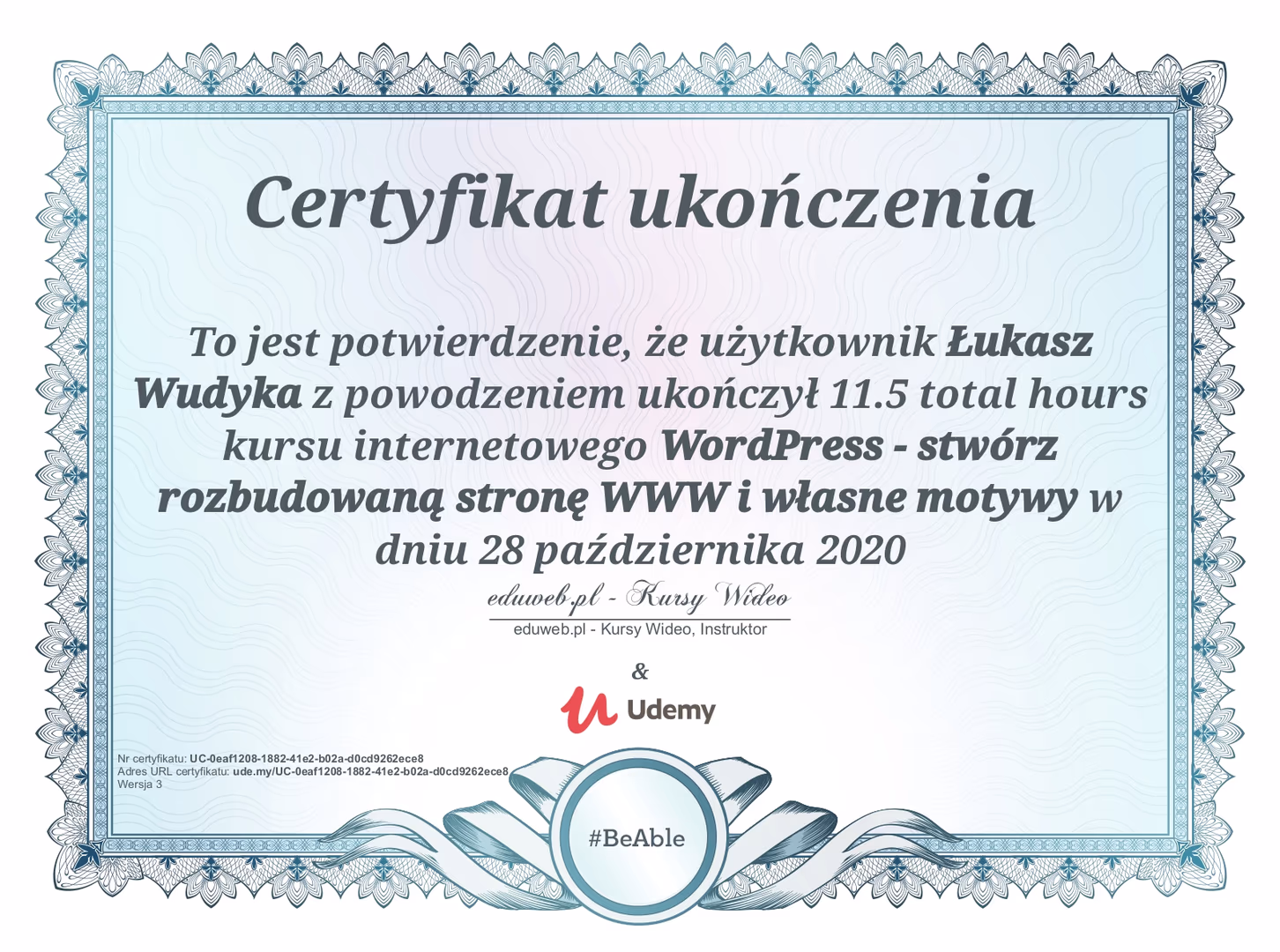 Certyfikat Wordpress Łukasz Wudyka