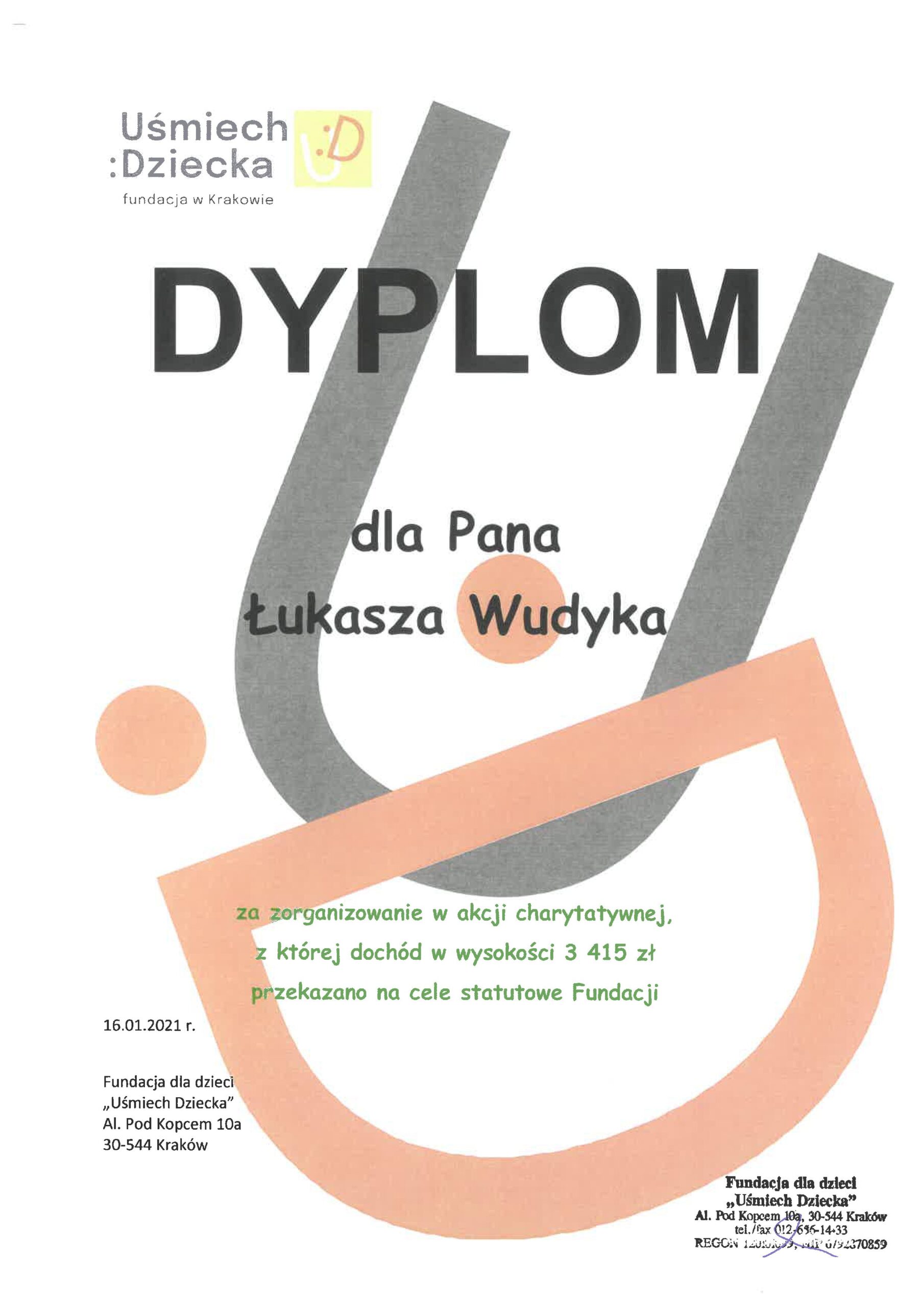 Dyplom dla Pana Łukasza Wudyka