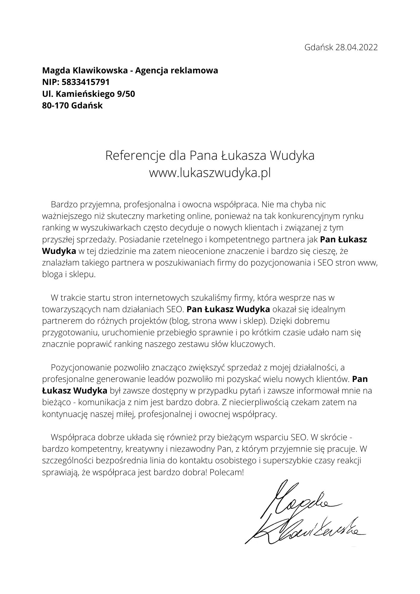 Referencja dla Pana Łukasza Wudyka