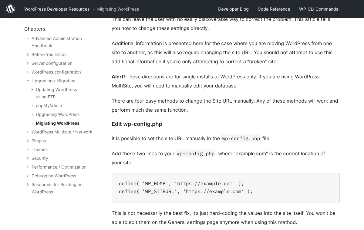 Zrzut dokumentacji WordPressa z dwoma wierszami WP_HOME i WP_SITEURL, które wpisuje się do pliku wp-config.php