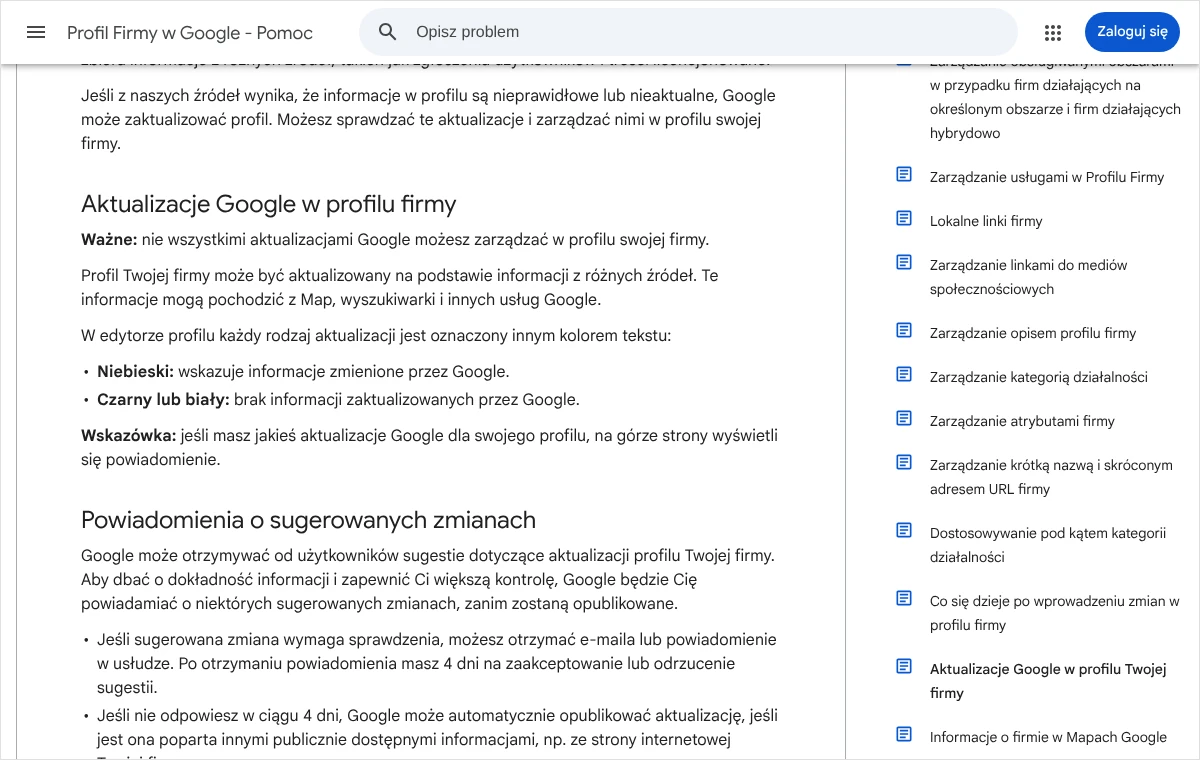 Strona pomocy Google o aktualizacjach w profilu firmy: oznaczenie zmian niebieskim kolorem tekstu i zasady powiadomień o sugerowanych zmianach