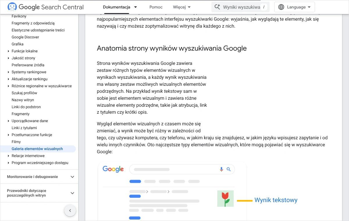 Fragment dokumentacji Google z sekcją o anatomii strony wyników wyszukiwania i schematem, na którym zaznaczono wynik tekstowy.
