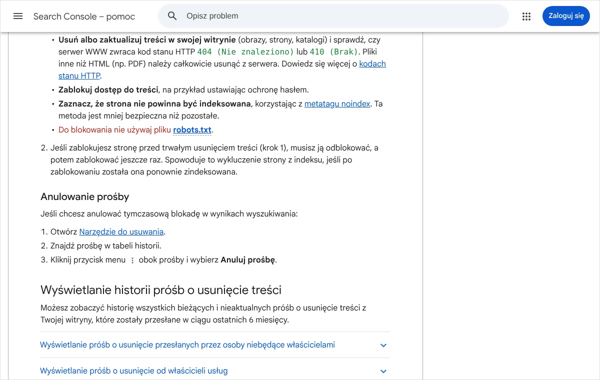 Fragment pomocy Search Console o narzędziu do usuwania, z trzema krokami anulowania tymczasowej blokady adresu w wynikach wyszukiwania.