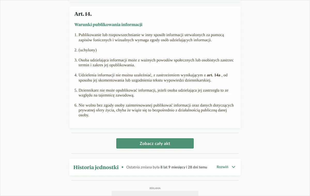 Treść artykułu 14 prawa prasowego: zgoda na publikowanie informacji utrwalonych dźwiękiem i obrazem oraz zastrzeżenie terminu i zakresu.
