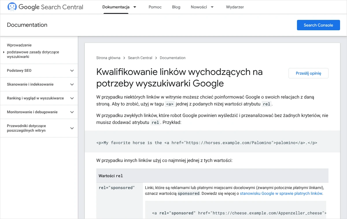Zrzut dokumentacji Google o kwalifikowaniu linków wychodzących z tabelą wartości atrybutu rel i opisem wartości sponsored dla płatnych linków