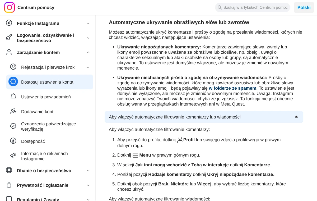 Fragment Centrum pomocy Instagrama z opisem ukrywania niepożądanych komentarzy i próśb o wiadomość oraz krokami włączenia filtra komentarzy
