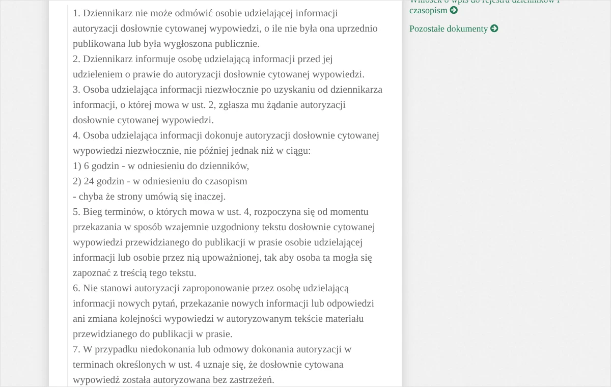 Zrzut tekstu ustawy Prawo prasowe z art. 14a, który opisuje prawo do autoryzacji dosłownie cytowanej wypowiedzi i terminy 6 oraz 24 godzin