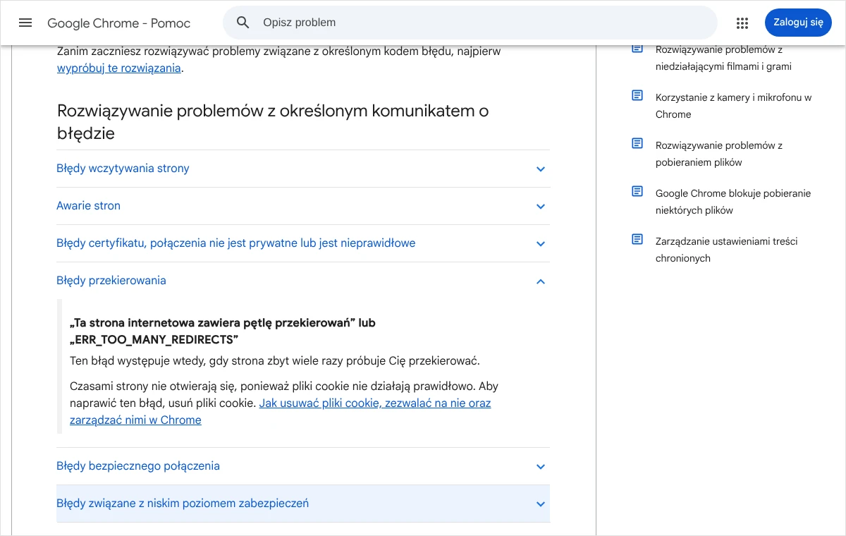 Fragment pomocy Google Chrome z rozwiniętą sekcją Błędy przekierowania i opisem kodu ERR_TOO_MANY_REDIRECTS oraz zaleceniem usunięcia plików cookie