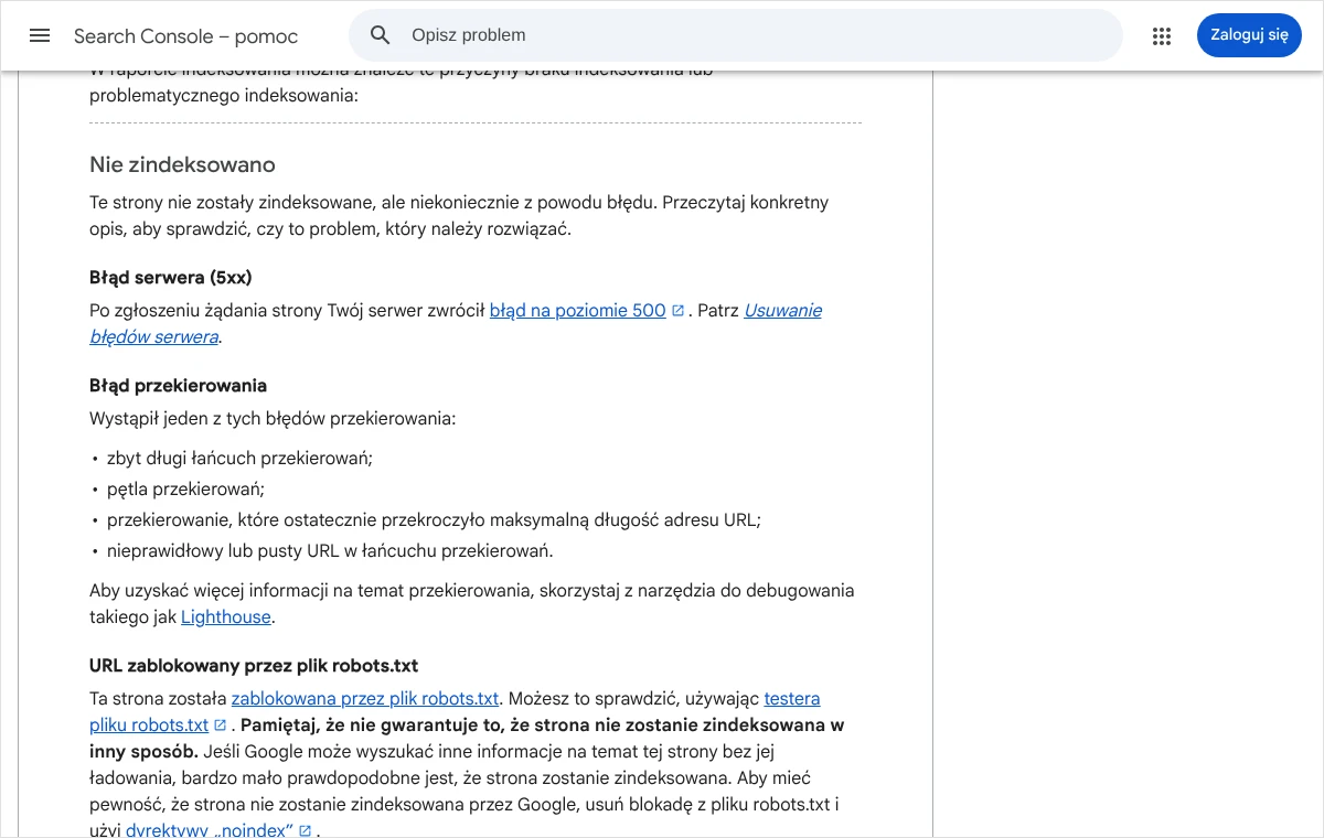 Fragment pomocy Search Console z opisem stanu Błąd przekierowania i listą czterech przyczyn: zbyt długi łańcuch, pętla, zbyt długi adres, pusty adres