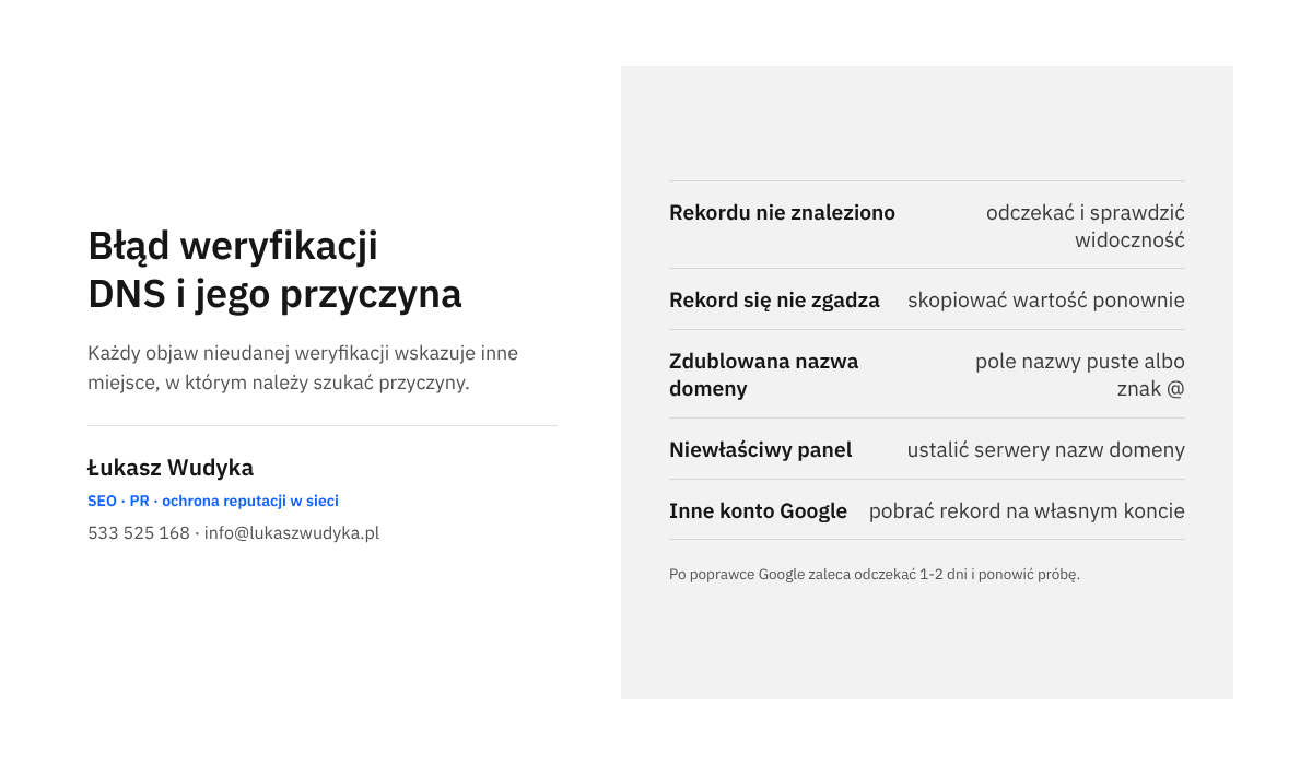 Zestawienie typowych objawów nieudanej weryfikacji domeny przez rekord DNS z czynnością, która usuwa daną przyczynę
