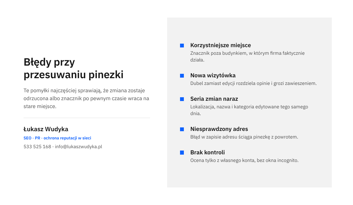 Infografika z listą pięciu błędów przy poprawianiu znacznika firmy w Mapach Google: korzystniejsze miejsce, nowa wizytówka, seria zmian, błędny adres, brak kontroli.