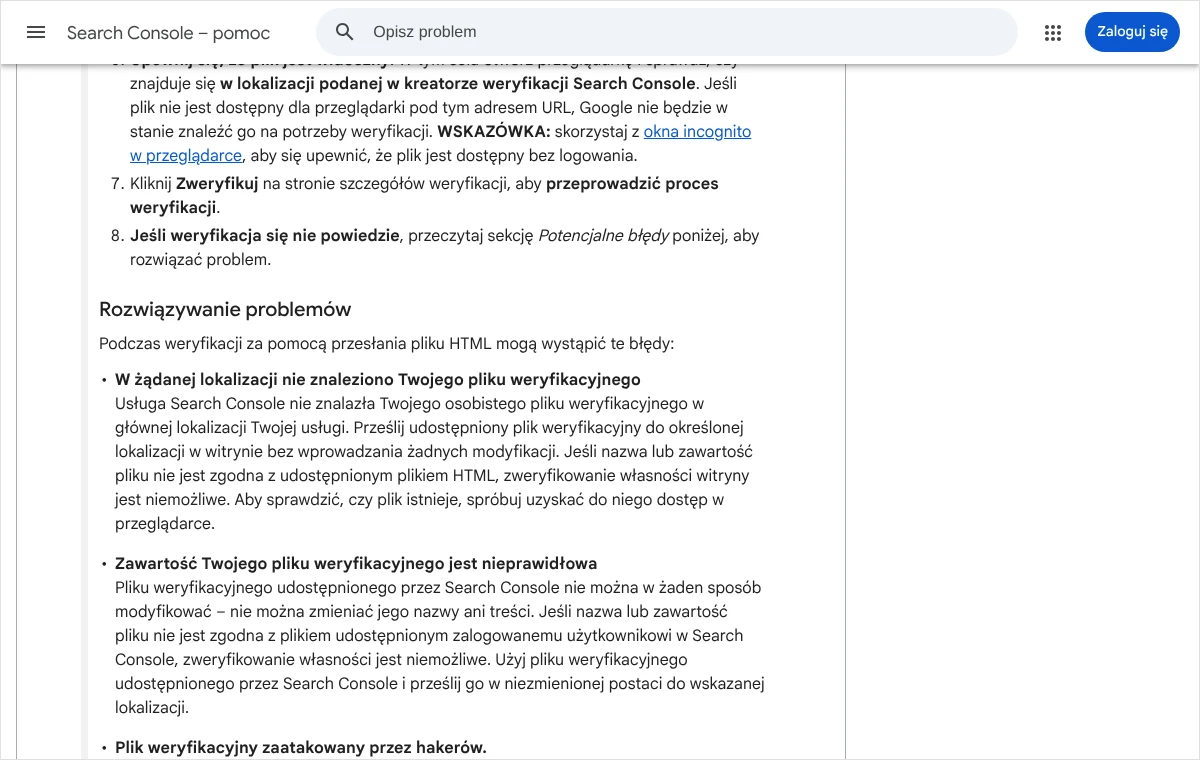 Fragment pomocy Search Console z sekcją Rozwiązywanie problemów i opisem błędów weryfikacji przez przesłanie pliku HTML