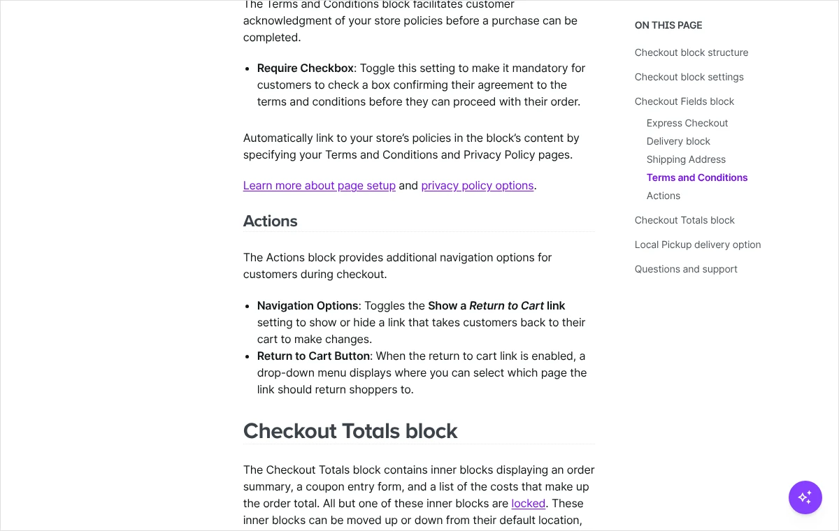 Fragment dokumentacji WooCommerce opisujący blok Actions w formularzu zamówienia i ustawienie odnośnika powrotu do koszyka.