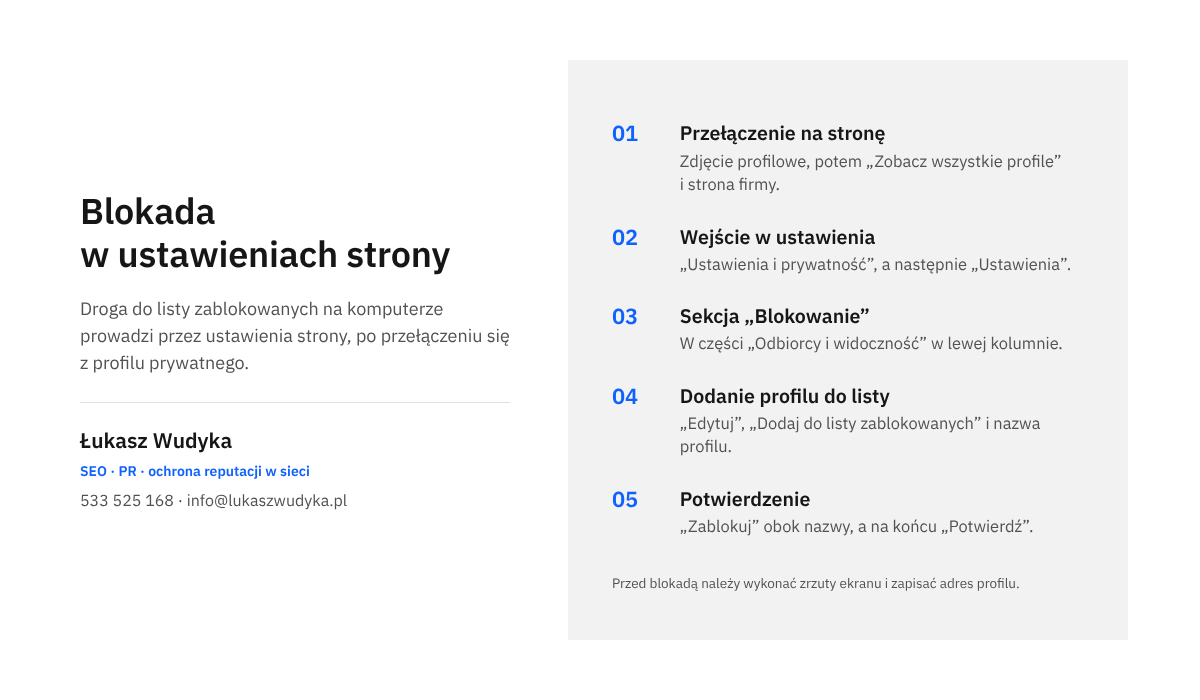Infografika z kolejnymi krokami nakładania blokady profilu w ustawieniach strony firmy na Facebooku w wersji na komputer
