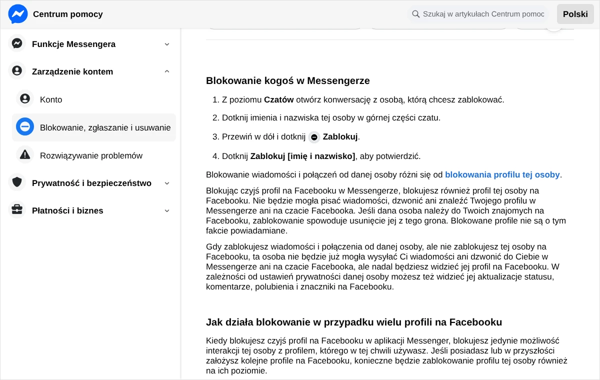 Strona Centrum pomocy Messengera z czterema krokami blokowania osoby w aplikacji i opisem różnicy między dwoma rodzajami blokady.