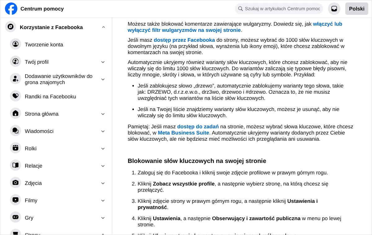 Strona Centrum pomocy Facebooka o blokowaniu określonych słów w komentarzach: limit słów kluczowych, przykład wariantów i pierwsze kroki