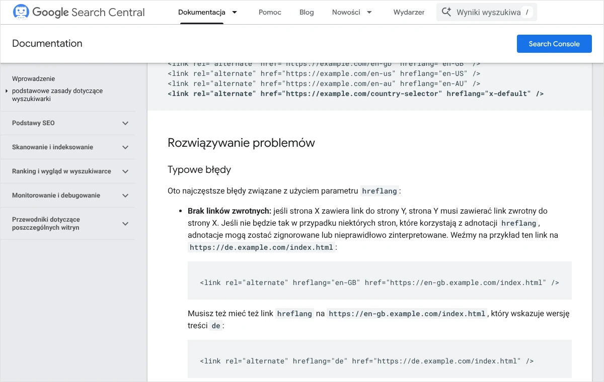 Fragment dokumentacji Google o zlokalizowanych wersjach stron z sekcją typowych błędów hreflang i przykładem dwóch znaczników, które wskazują się nawzajem.