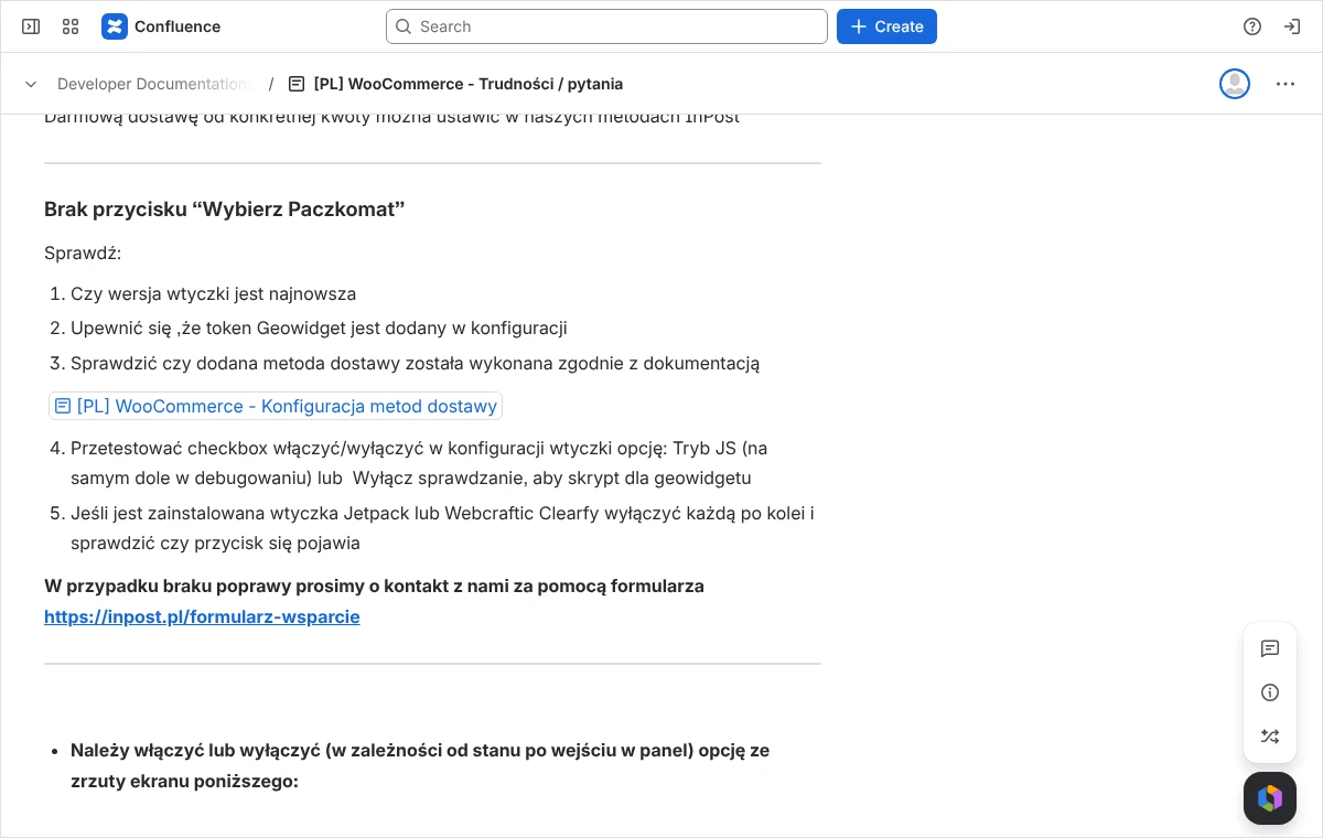Fragment dokumentacji InPost dla WooCommerce z listą pięciu rzeczy do sprawdzenia, gdy w zamówieniu brakuje przycisku wyboru Paczkomatu