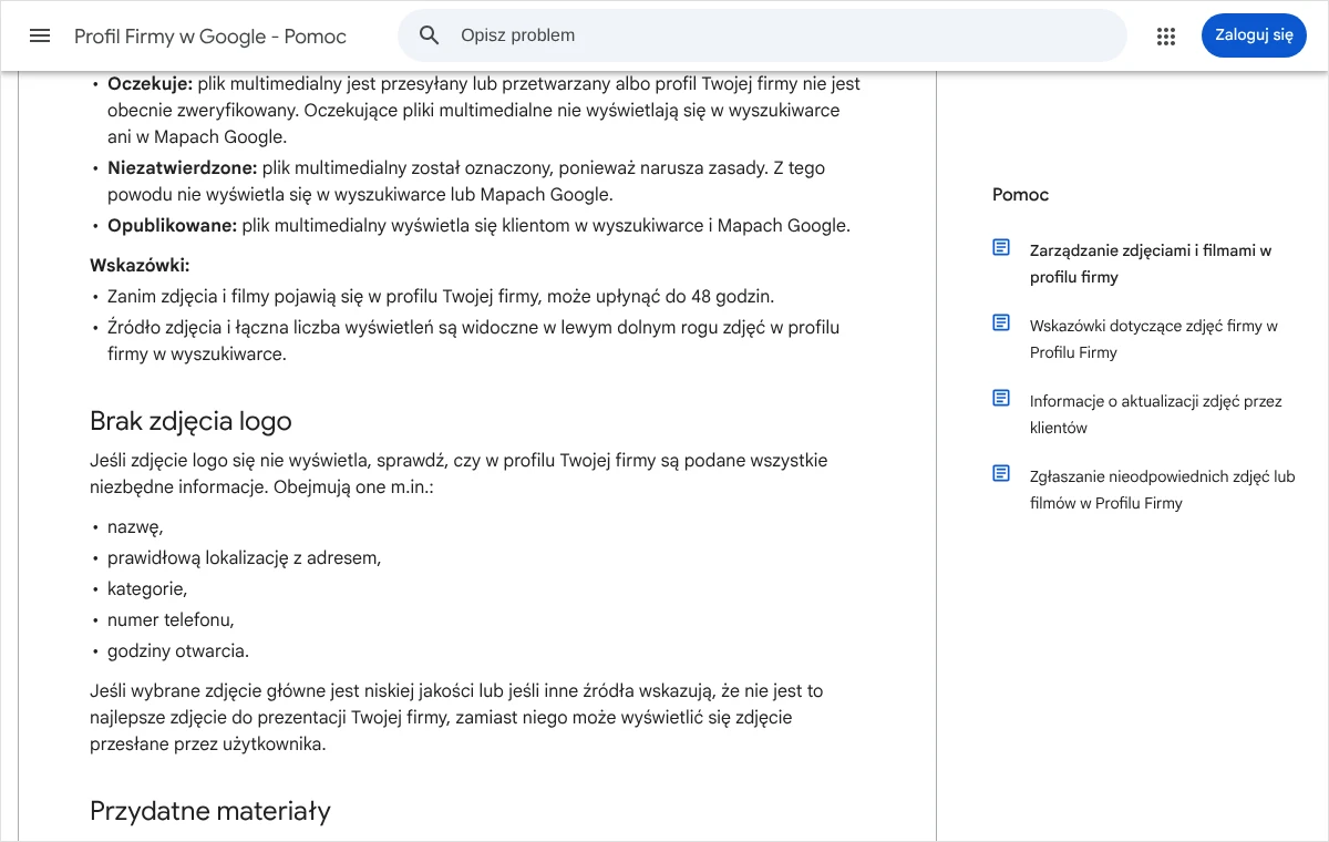 Zrzut strony pomocy Profilu Firmy w Google z częścią Brak zdjęcia logo: lista danych wymaganych w profilu oraz stany przesłanych plików